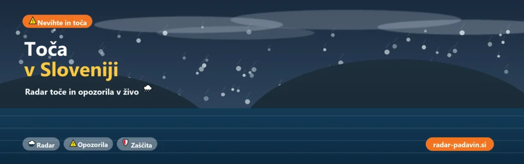 Toča Panoramska grafika nevihte s točo nad Slovenijo — radar toče in opozorila v živo