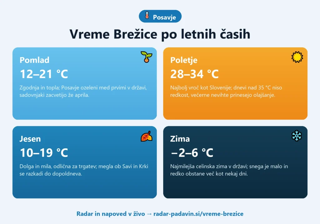 Infografika vremena v Brežicah po letnih časih — pomlad 12–21 °C, poletje 28–34 °C, jesen 10–19 °C, zima −2–6 °C