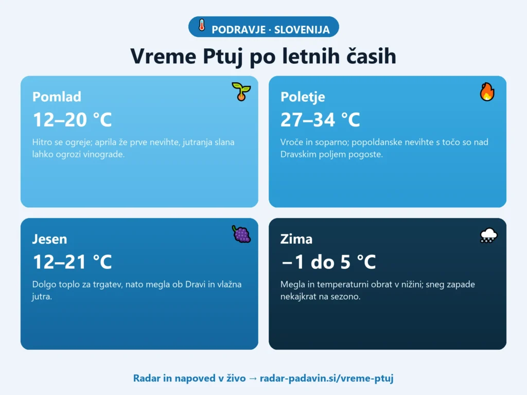 Infografika vremena v Ptuju po letnih časih – pomlad 12–20 °C, poletje 27–34 °C, jesen 12–21 °C, zima −1 do 5 °C