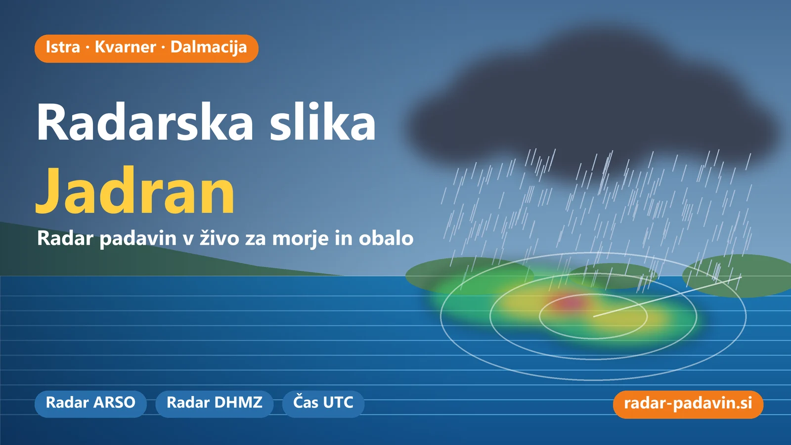 Radarska slika Jadran: Istra, Kvarner in Dalmacija v živo Radarska slika padavin za Istro, Kvarner in Dalmacijo — nevihta nad Jadranom na radarju